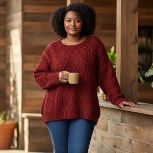 Cozy Cabincore Simply Couture Red Cable Knit Oversized Sweater 1XL NWT